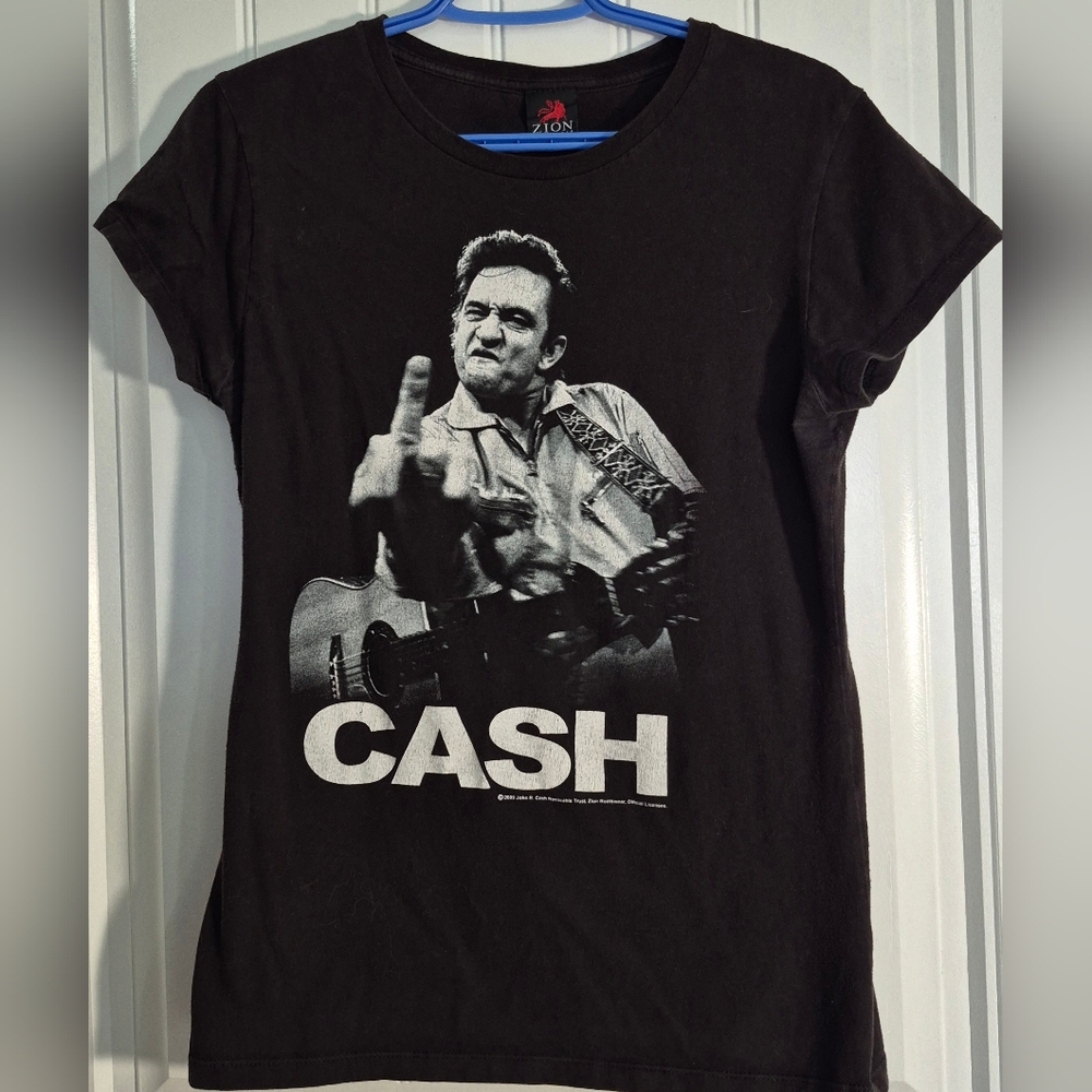 Johnny Cash Zion Rootswear Womens T Shirt AND Walk The Line Dvd Movie Bundle